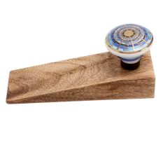 2 Pieces Blue Sapphire Hue Golden Pattern Ceramic Wooden Door Stopper